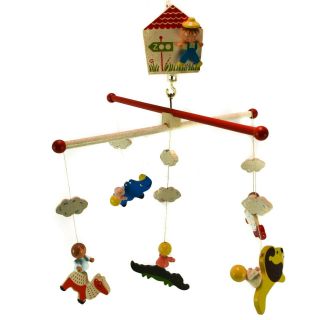 Irmi Wood Baby Crib Zoo Mobile Hand Painted Musical Wood Vintage Animals Hanging