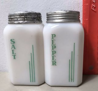 Vintage Set Of Large 1940’s Art Deco Milk Glass Salt & Pepper Shakers Wavy Glass