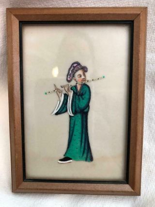 19th C.  Chinese Framed Painting On Pith Paper - Man With Flute - 7 Of 7