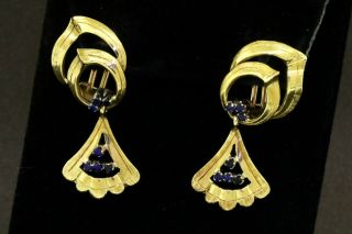 Cs Designer Vintage Heavy 18k Gold Blue Gemstone Abstract Hanging Earrings