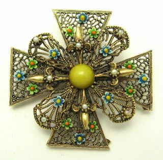 Fantastic Vintage Signed Art Maltese Cross Brooch Faux Pearls Tiny Flowers