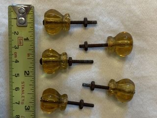 Vintage 3/4 " Amber Colored Glass Hexagon Small Mini Drawer Pull Knobs - Set Of 5