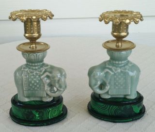 Pair Antique Style Candlesticks Porcelain Elephants Faux Malachite Painted Brass