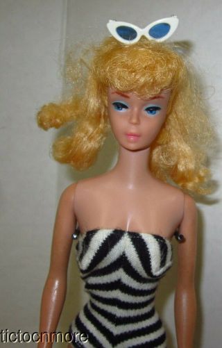 Vintage Barbie Ponytail Doll Blonde Pink Lips W/ Zebra Suit & Sunglasses & Stand