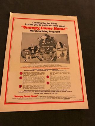 1972 Vintage 9x12 Print Movie Ad Snoopy,  Come Home Merchandise Program Peanuts