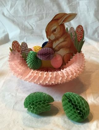 Charming Vintage Cardboard & Honeycomb Tissue Easter Bunny Basket & Extra Eggs