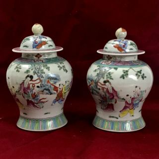 Antique Pair Porcelain Chinese Famille Rose Vases Ginger Jars