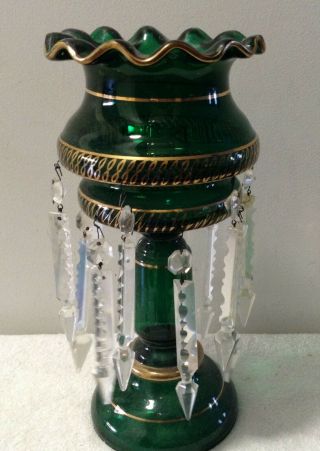 Vintage Green Glass Vase W/hanging Crystals