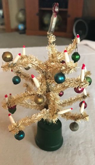Vintage Christmas Tree Feather? 1900? White With Candles And Ornaments