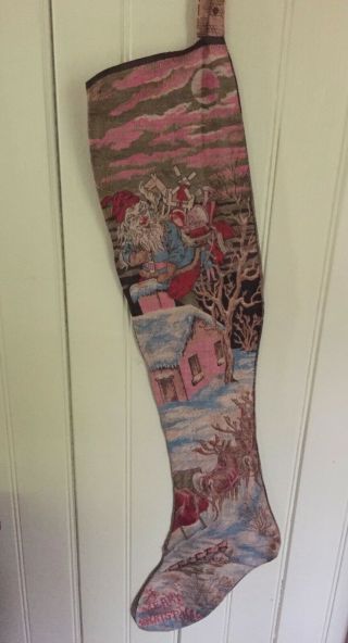Rare Antique Victorian Lithographed Cloth Merry Christmas Stocking W Santa,  Baby