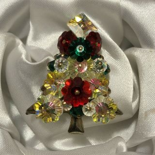 Vintage Glass Crystal Bead Rhinestone Christmas Tree Pin Brooch Beaded Cluster