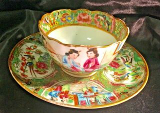Antique Chinese Export Famille Rose Teacup Cup And Saucer Geisha Story Panel
