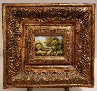 Vintage Ornate Gold Frame With Small Oil Painting,  Christies - Landscape 9.  5x10