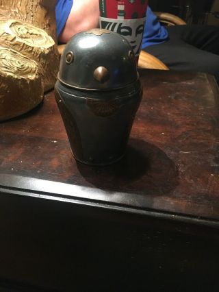 Vtg Mid Century Pewter Owl Brass Inlay Tea Caddy Trinket Box Container Jar