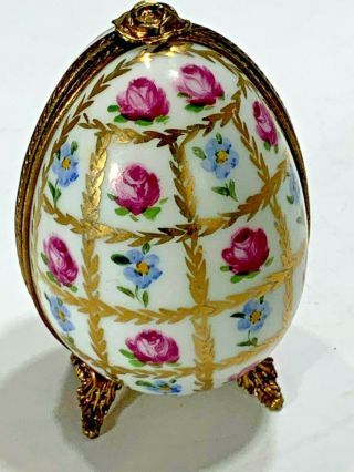 Vintage Hand Painted Limoges France Floral Egg Shape Trinket Box Signed 3