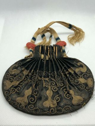 Rare Antique Chinese Embroidered Silk And Gold L And Hand Carved Coral Bat Purse