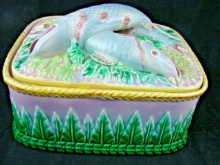 19thc Antique Majolica George Jones Sardine Dish & Lid Ex Cond Turquoise,  Violet