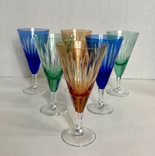 Set Of 6 Multicolor Cut / Etched Glass Water Wine Stems