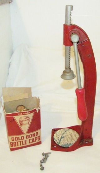 Vintage Red Cast Iron Bottle Capper / Cork Pusher Of 120 Bottle Caps