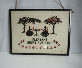 Sampler Cross Stitch On Linen 1930s Pleasant Hours Fly Fast Framed Vintage
