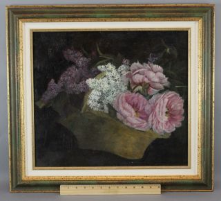 Antique Impressionist Flower Floral Still Life O/c Oil Painting,  Lilacs & Roses