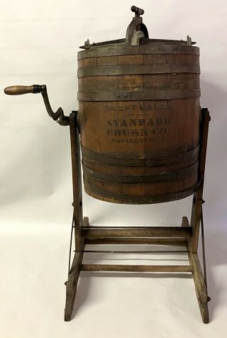 Antique 7 Gallon Butter Standard Churn Co No.  2 Wood Barrel Wapakoneta W/ Stand