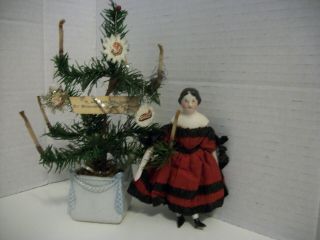 Antique German Biedermeier China Dollhouse Doll W/ German Xmas Tree China Base