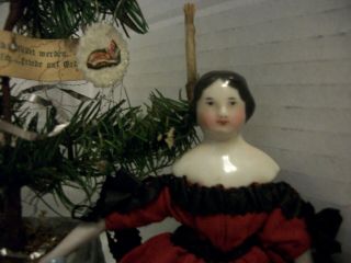 Antique German Biedermeier China Dollhouse Doll W/ German Xmas Tree China Base 2