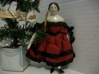 Antique German Biedermeier China Dollhouse Doll W/ German Xmas Tree China Base 3