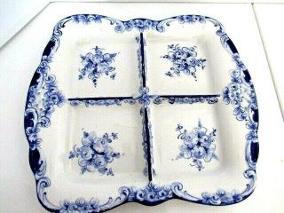 Vintage White & Blue Divided Tray Dish Vegetable/snack Platter Portugal