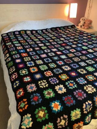 Vtg Handmade Crochet Granny Square Afghan Blanket Full/queen 71” X 64”