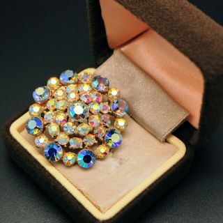 Vintage Jewellery Gorgeous Gold Tone Aurora Borealis Rhinestone Brooch Pin