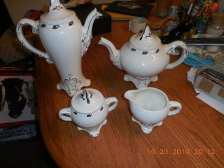 Vintage Set Coffee Pot,  Teapot,  Creamer &sugar Bowl Trimmed In Silver