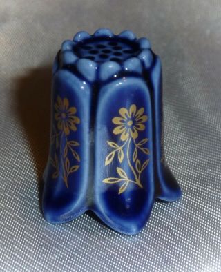 Vintage Porcelain Thimble - Lindner Germany - Cobalt Blue W/gold Floral Daisies