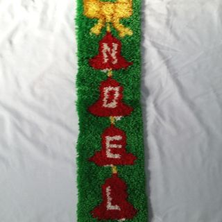 Christmas Latch Hook Rug Noel Completed Kitsch Vintage Bells Green Yarn Decor
