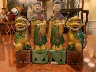 A Pair Chinese Antique Famille Verte Porcelain Figures And Foo Lions.