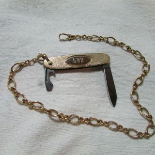 Vintage Imperial Folding Pocket Knife W/chain,  Gold Tone,  " Gwb " Monogram