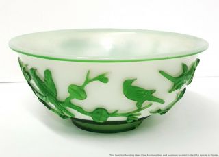Very Good Antique Chinese Qing Carved Peking Glass Green White 7.  25in Bowl