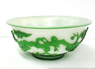 Very Good Antique Chinese Qing Carved Peking Glass Green White 7.  25in Bowl 3