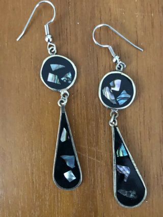 Vintage Dangling Mexico Alpaca Silver Earring,  Black Enamel With Abalone Shell