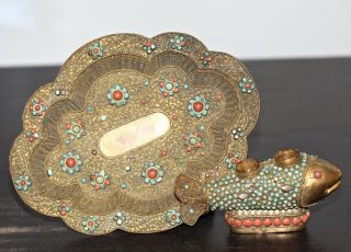Antique Nepalese Buddhist Gilt Bronze Coral & Turquoise Offering Dish,  Qing Rare
