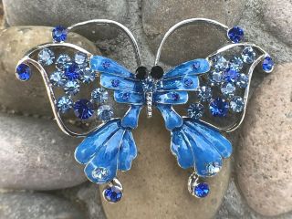 Vintage Large 2.  5 " Blue Enamel Butterfly Insect Crystal Rhinestone Pin Brooch
