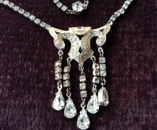 Vtg Coro Craft Necklace Sterling Silver Rhinestones W/ Dangles Art Deco Design