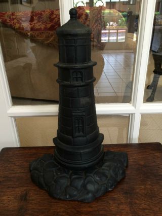 Unique Antique Vintage Cast Iron Painted Black Lighthouse 15 " Doorstop Porter