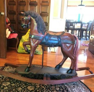 Antique Carousel Hand Carved Painted Rocking Horse With Real Horse Hair Tail
