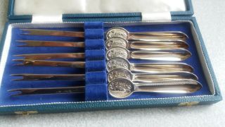 Lovely Vintage Boxed Set Of 6 Silver Plated Lobster Picks Spoons Cased -
