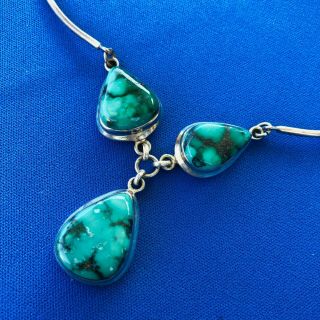 Vintage Sterling Silver 925 Turquoise Semi Precious Stone Necklace Handcrafted