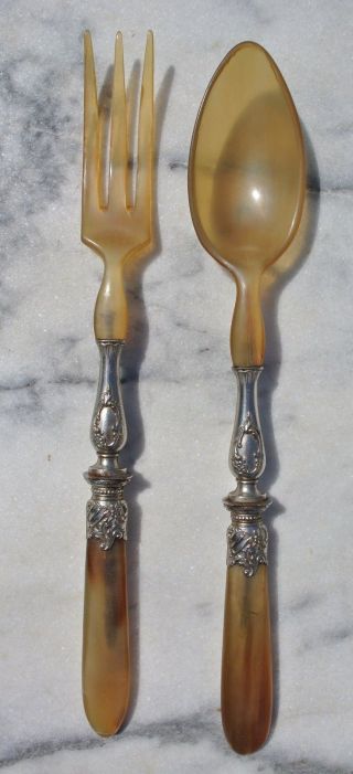 Vintage Horn Salad Servers Victorian Rococo Style Metal Mounts French