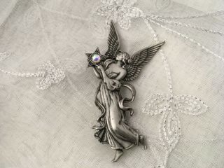 Vintage Jj Jonette Pewter Tone Angel W/ Colorful Crystal Star Pin Brooch