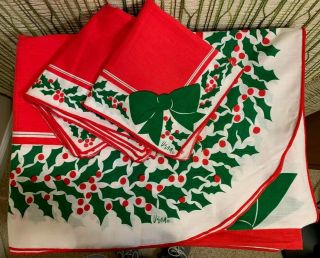 7pc Set Vintage Vera Neumann Christmas Oblong Tablecloth & Napkins - Bows & Holly